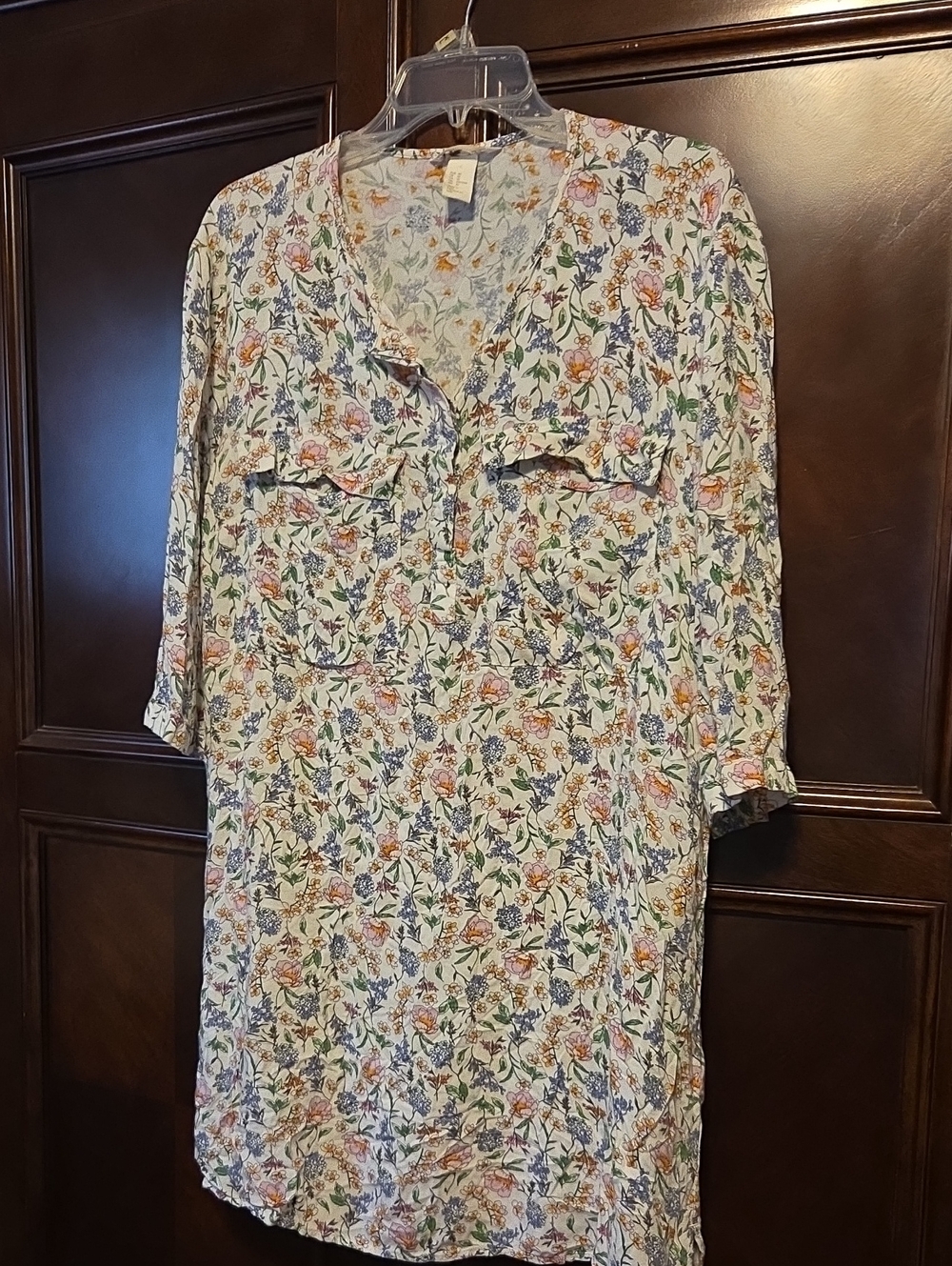 H&M White Long-Sleeve Floral‎ Tunic Dress with Multicolor Print